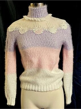 Candy Rain Pastel Lace-Yoke Colorblock Turtleneck Sweater Lavender, Pink, White